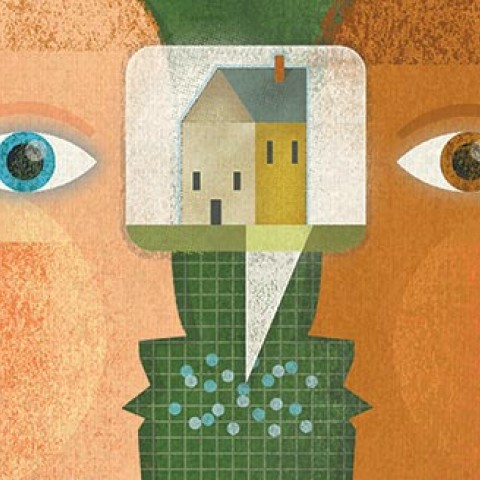 Illustration depicts two people with an image of a house in a dialogue box