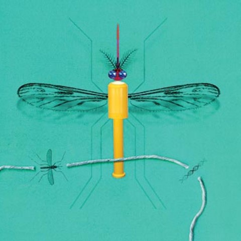 Image is made up of plastic items and twine to look like a mosquito