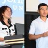 Two photos of Caitlin Rempson and William Middlezong accepting their Student Employee of the Year awards